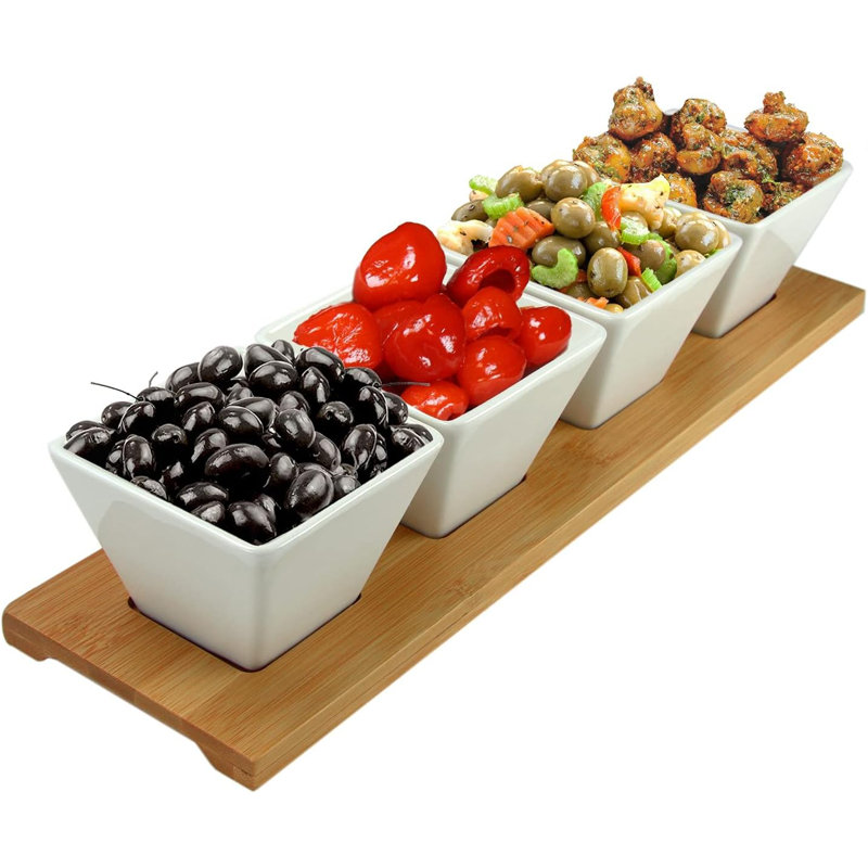 White Ceramic and Bamboo Rectangular Serving Set, 5 Piece