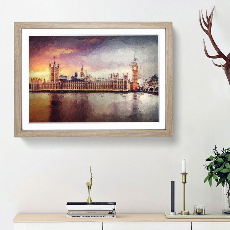Big Ben And Houses Of Parliament In Abstract - Single Picture Frame Painting, 45cm H x 63cm W x 2cm D, Oak Framed