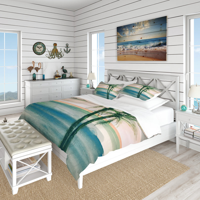 Vintage Beige and Blue Microfiber Coastal Duvet Cover Set