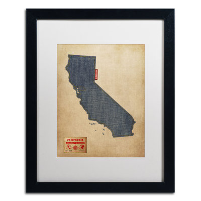 Setrag 'California Map Denim Jeans Style' by Michael Tompsett Framed Graphic Art