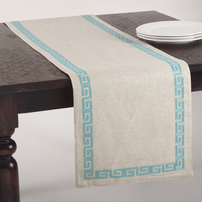 Badley Stitched Greek Key Design Table Runner, White, 16" x 72"