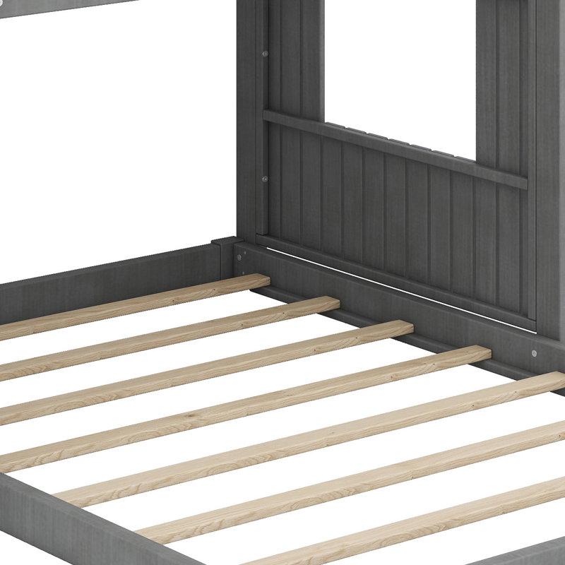 Lit superposé en bois, lit mezzanine avec maisonnette, maison de campagne, échelle et garde-corps, Gris antique