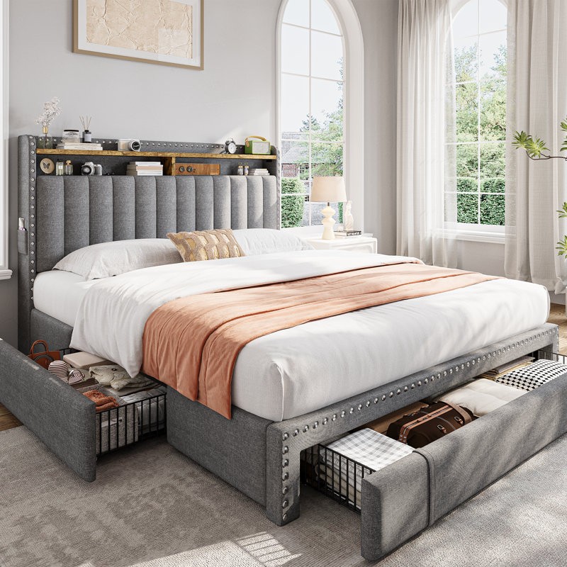 Jahlia Upholstered Storage Bed with 3 Drawers and 2-Tier Storage Headboard, Gray, Full