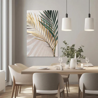 1Pc Framed Canvas Poster Print Tropical Palm Leaves, Gold and Green Dual Color Contrast, Minimalist Naturalist Style Wall Art Decor, Perfect for Room