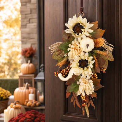 Décoration d'automne pour l'Action de grâce - Pendentif de 35 ou 45 cm en forme de goutte d'eau inversée - Couronne de citrouille blanche, tournesol et guirlande de feuilles d'érable - Décoration de porte