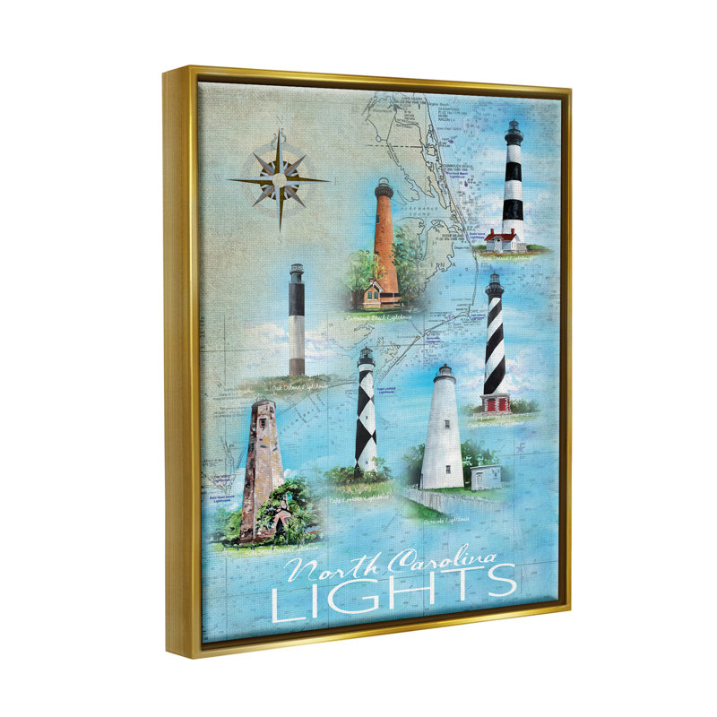 Carte des phares de la Caroline du Nord, art giclée par Erica Christopher, H 21 po x l 17 po x P 1,7 po