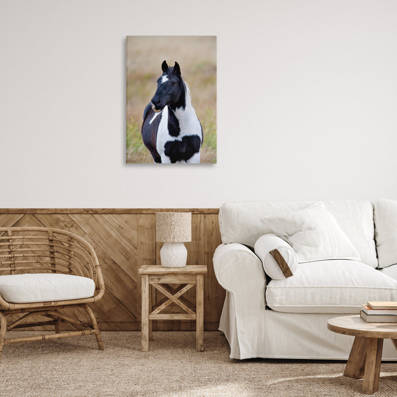 Toile noire et blanche avec poulain par Dennis Frates, H 36 po x l 24 po