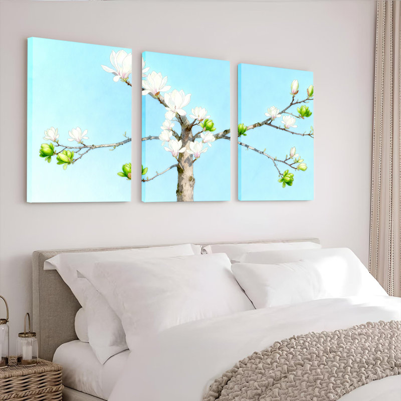 Ensemble de 3 tableaux muraux sur toile tendue représentant des fleurs de magnolia, H 24 po x l 48 po