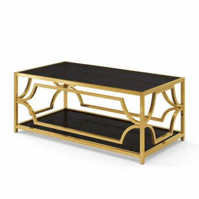 Modern Rectangle Glass Top Coffee Table with Sturdy Metal Frame, Two-Tier Open Storage Glam Cocktail Table, Contemporary Center Table for Living Room Apartment Condo Office Lounge, Functional Elegant Accent Table for Daily Use and Stylish Home Decor
