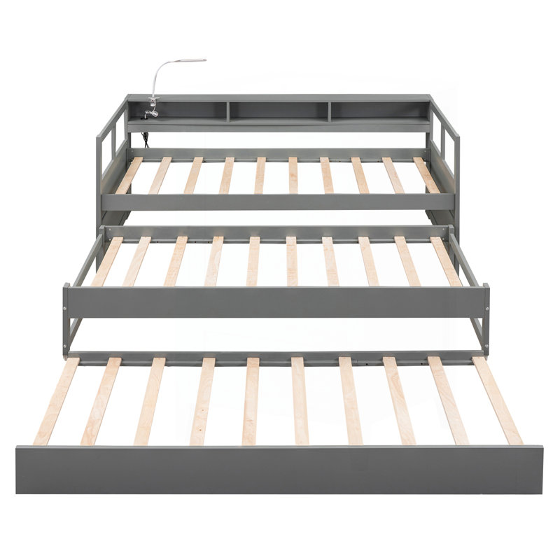Wood Daybed With 2 Trundles, 3 Storage Cubbies, Gray
