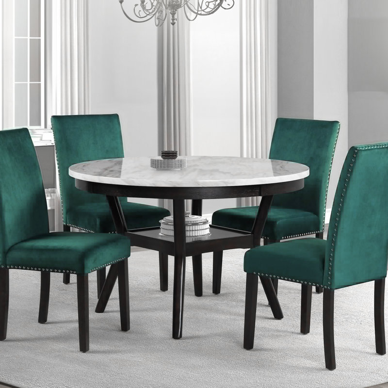 Round Faux Marble Top Solid Wood Base Dining Table