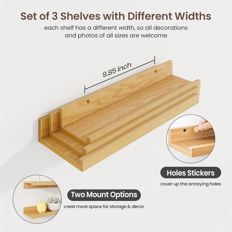 Rustic Floating Shelves Set of 3 with Lip, Picture Ledge Shelf for Nursery, Living Room – Multipurpose Storage Organizer, Bookshelf, & Photo Display Rack Oak