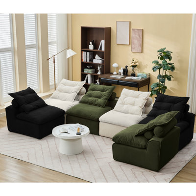 Modulaire avec revêtement en velours côtelé, non, combinaisons de bricolage pour divers espaces, 6 sièges, beige / noir /, coussins lombaires et de cou inclus dans le salon, agencements, 6 meubles de confort