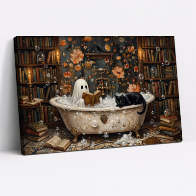 Fantôme et chat noir lisant un livre dans une baignoire, art mural d'Halloween sur toile