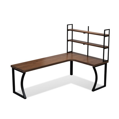 Bureau en fer massif en forme de L brun noyer + noir