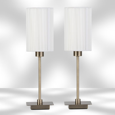 Pair (2x) Square Stick Antique Brass Metal Bedside Table Lamp 