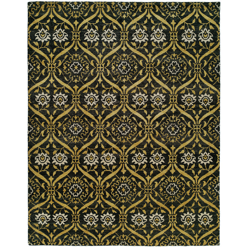 Tapis noir / doré en laine noué à la main Hessie, Rectangle 6 pi x 9 pi