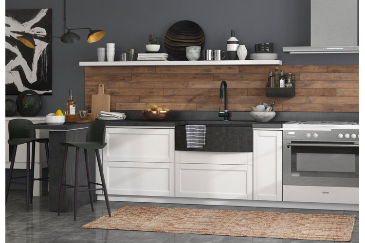 modern kitchen with a backsplash of tiles that look like wood