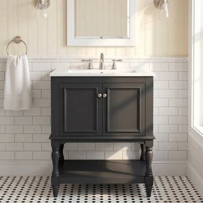 Meuble-lavabo de salle de bain autoportant en bois massif 24 po + 24 po avec plateau ouvert et rangement fermé noir