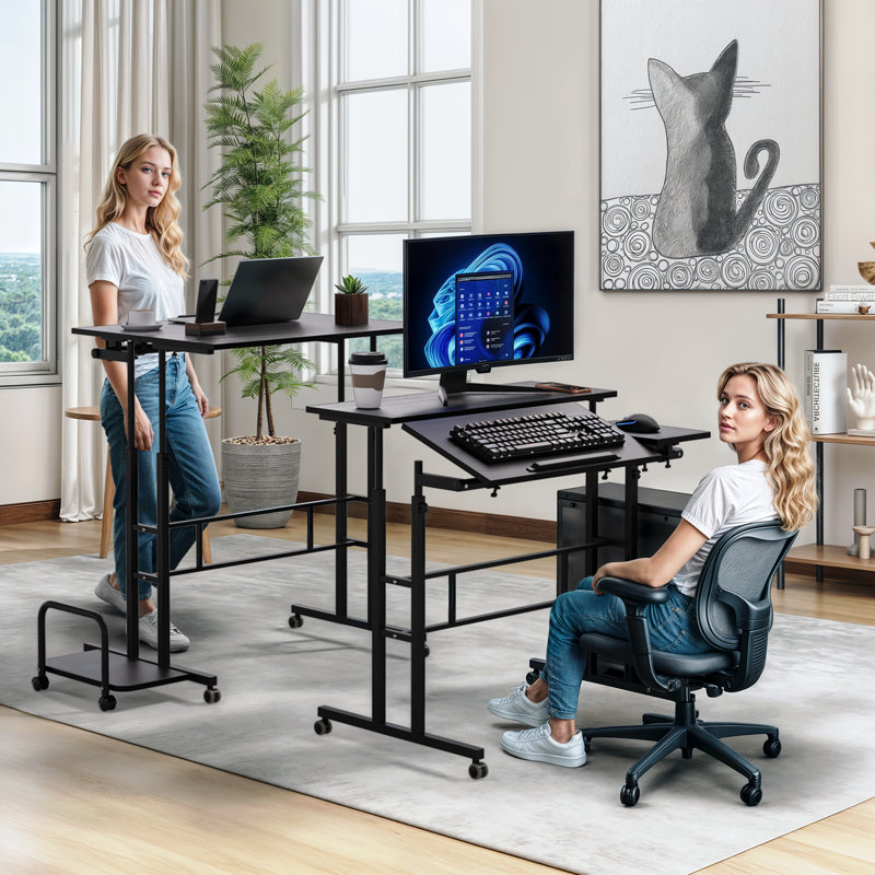 Mahjabeen Home Office Adjustable Rolling Computer Workstation Desk with Monitor Shelf and Host Rack Standing Laptop Table