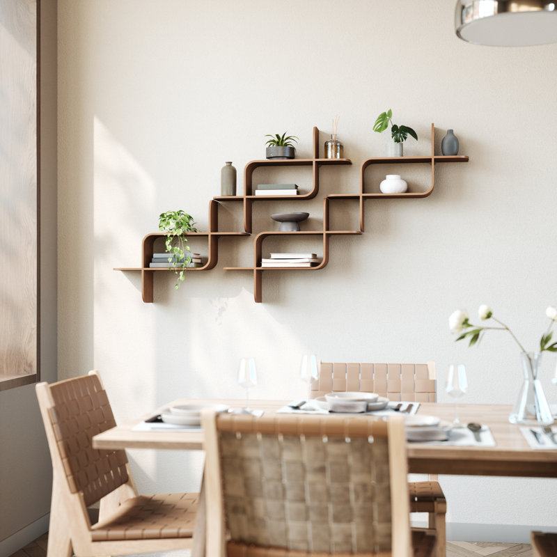 Elias Light Walnut Rubberwood Modern Wall Shelf