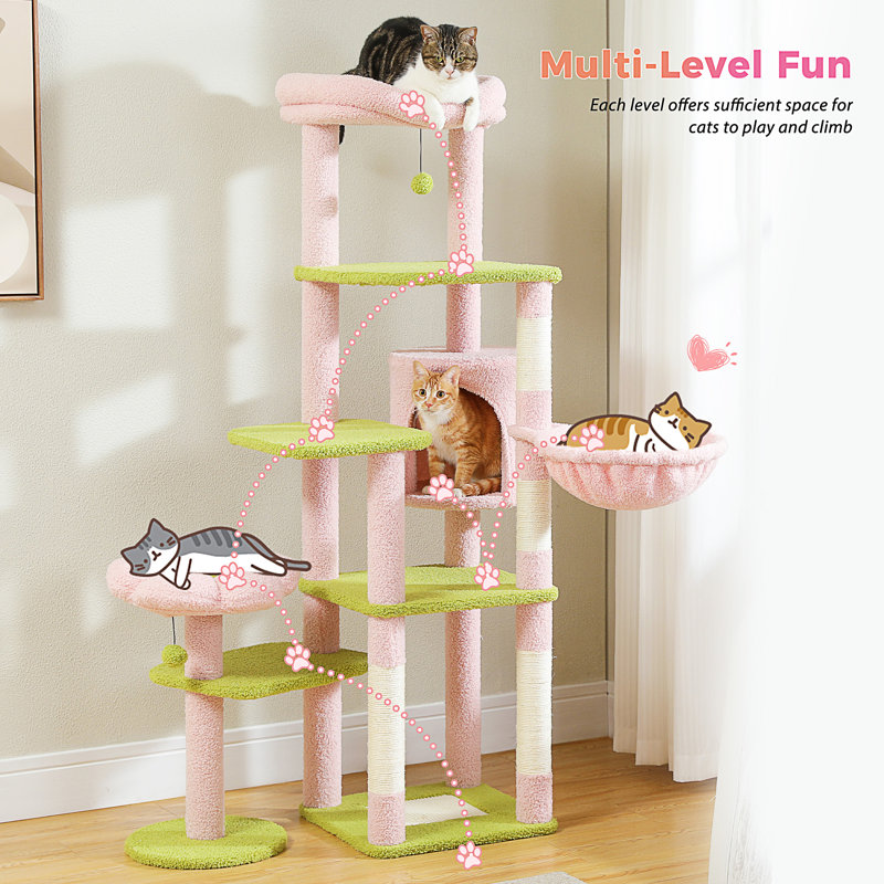 Arbre à chat 59 po, grand arbre à chat pour grand chat, tour pour chat à plusieurs niveaux avec 3 bâtons de pompon amovibles, arbre à chat pour chat d'intérieur, condo pour chat avec grand hamac, poteau à griffes et 2 perchoirs