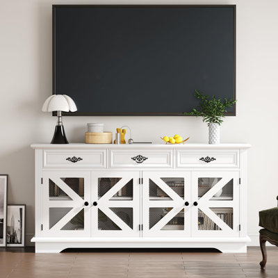 63" Buffet Cabinet, Coffee Bar Cabinet with 3 Drawers, Adjustable Shelves, Charging Station and 4 Mesh Barn Doors