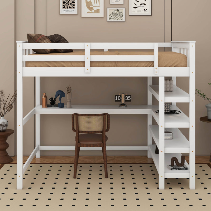 Lit mezzanine double avec tablettes et bureau, Blanc