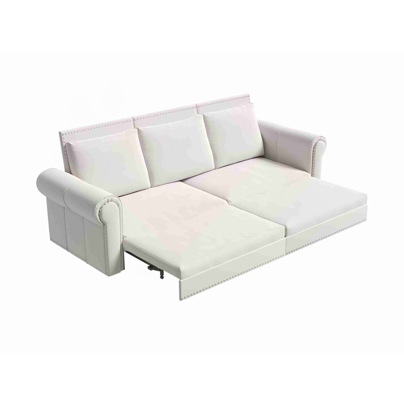Canapé Chesterfield, canapé-lit gigogne de 93,7 po, canapé-lit convertible en velours 3 en 1 avec garniture cloutée et accoudoirs roulés, canapé-lit multifonctionnel pour le salon, la chambre à coucher, beige / blanc