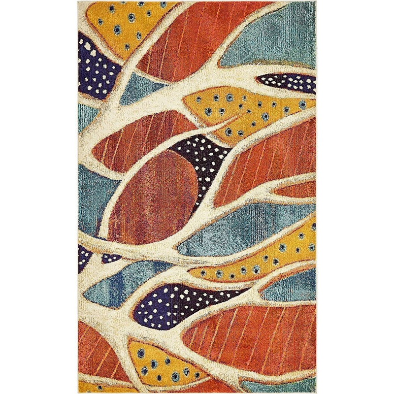 Tapis abstrait bleu / orange / crème Dolgeville, Rectangle 5 pi x 8 pi