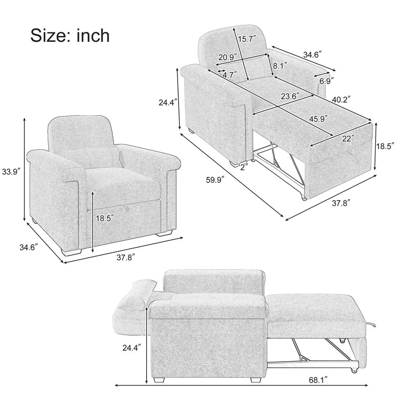 Versatile Convertible Sleeper Chair Sofa Bed with Adjustable Backrest and Pillow, Beige Fabric