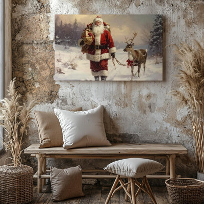 Wall Art Santa And Reindeer Heartwarming Christmas Walk With Gifts Canvas Ready To Hang Gallery Wrapped Home Decor Modern Design Decor