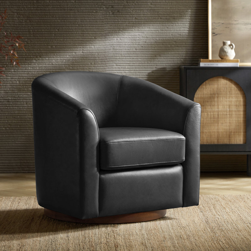 Amiir 30.5'' Wide Genuine Leather Swivel Barrel Chair with Solid Wood Base, Black