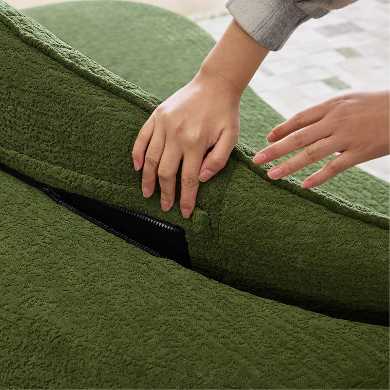 Canapé courbé à deux places entièrement comprimé, assise longue durée sans effondrement, dossier amovible, tissu chenille vert, style simple et rétro, convient aux petits espaces et aux appartements