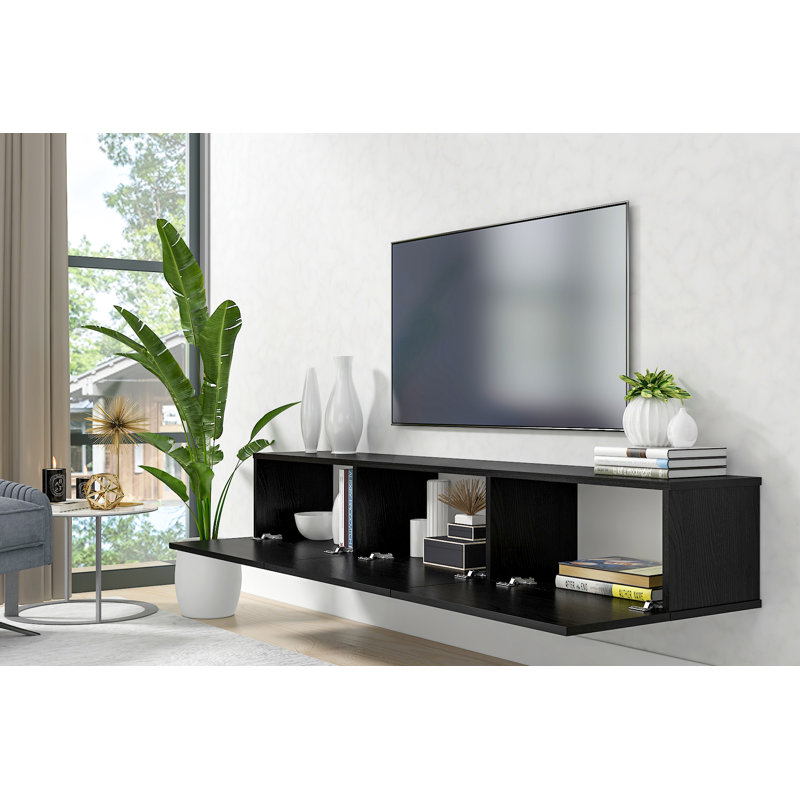 Ozge Modern 71" Floating TV Stand with Storage  Wall-Mounted Media Console for TVs up to 80", Wood Black