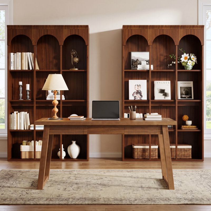 Bureau de direction en bois avec tiroir et 2 bibliothèques arquées, ensemble de meubles de rangement pour bureau à domicile