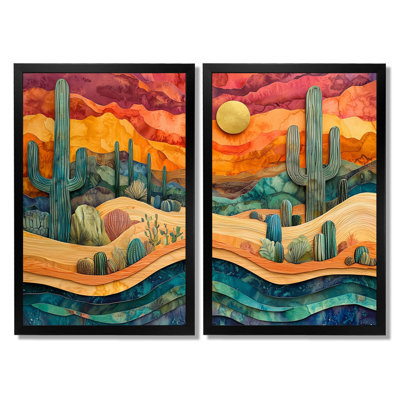 Cactus Desert On A Top Of Wooden Slide - Floral Cactus Wall Art Wall Decor, Green Floral Framed Wall Art Set Of 2