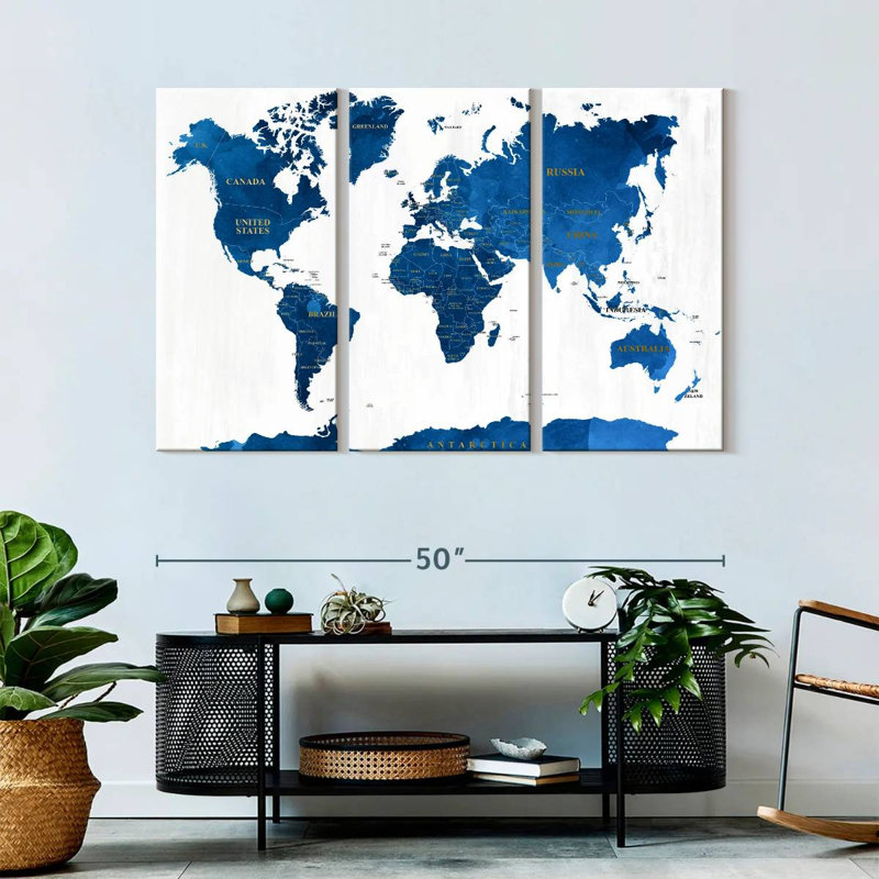 «Blue Textured World Map», reproduction sur toile, H 32 po x l 50 po x 1,25 po