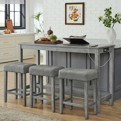 59" W Bar Table Set With Power Outlet, 3 Cushioned Stools by Lark Manor