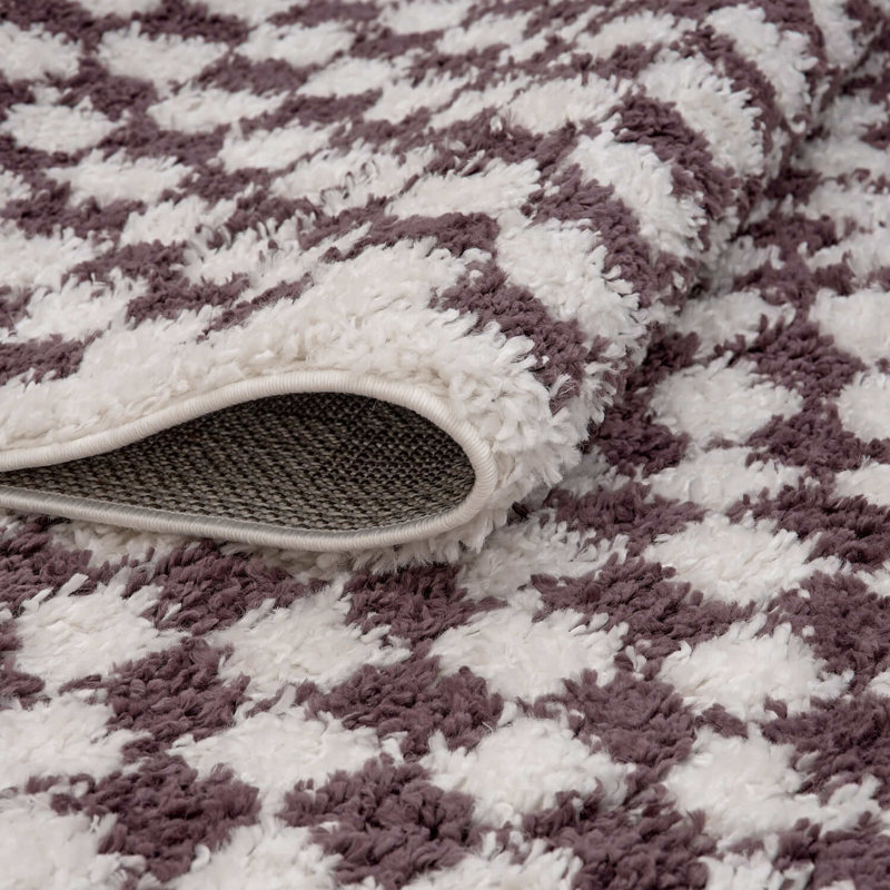 Moodi Modern Shaggy Area Rug Checkered Design, Round 120 cm, Off-White/Purple