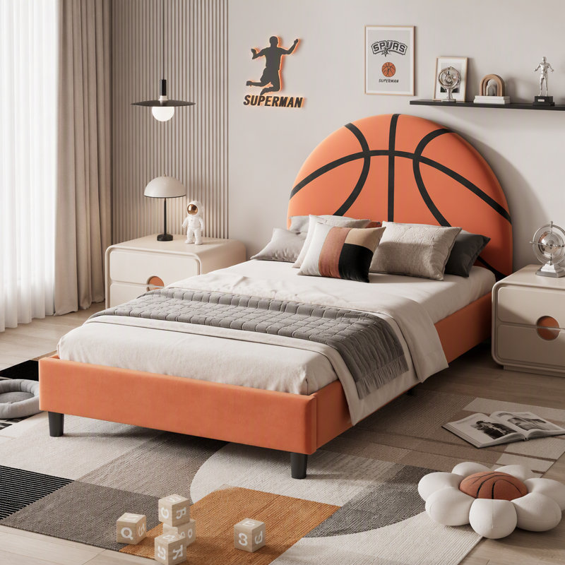 Lit plateforme tapissier simple pour enfants, Sans garde-corps, Orange