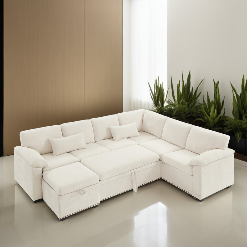 Canapé-lit d'angle rembourré 97,32 po avec repose-pieds pour salon, Chenille beige