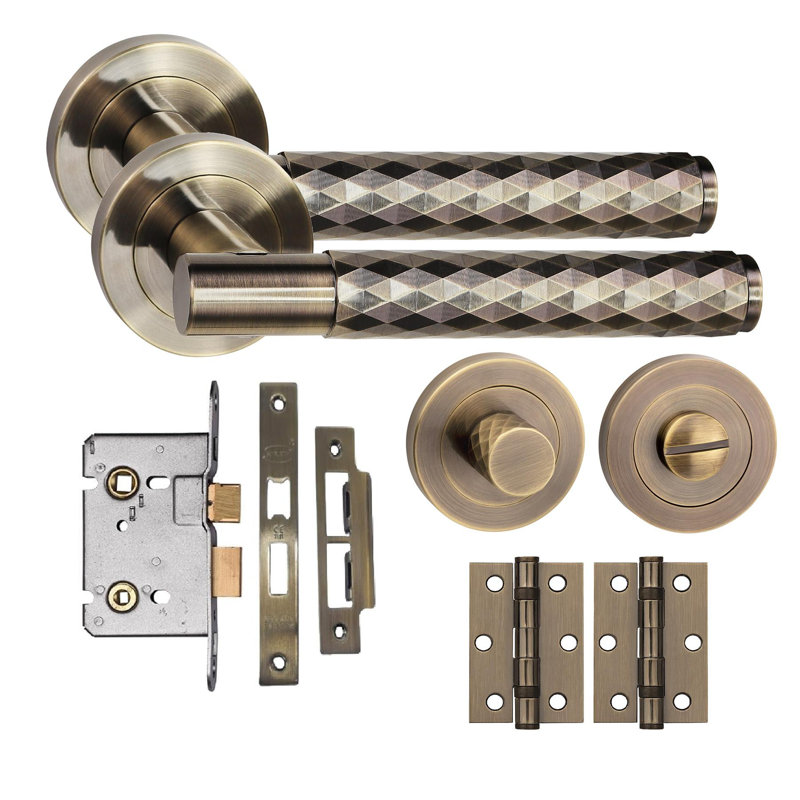 Golden Grace Knurled Diamond Cut T-Bar Bathroom Door Handle Set with Matching Key Hole Escutcheon