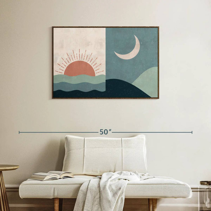 Boho lever et coucher de soleil II, 37 po x 25 po, Cadre flottant en noyer