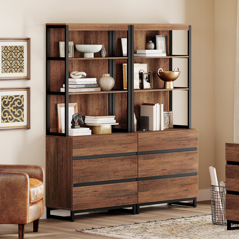 Bibliothèque Aadam moderne de 72 po de hauteur avec 3 tiroirs et tablettes ouvertes, bibliothèque avec bibliothèque et armoire de rangement, bibliothèque autoportante en bois pour le bureau personnel, le salon, 