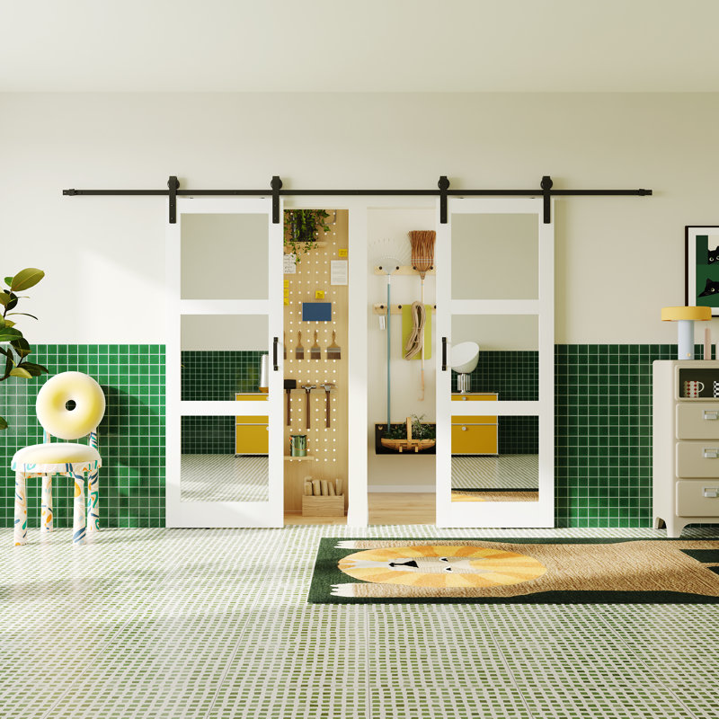 Porte de grange coulissante avec miroir et 3 pièces, 72 po x 84 po