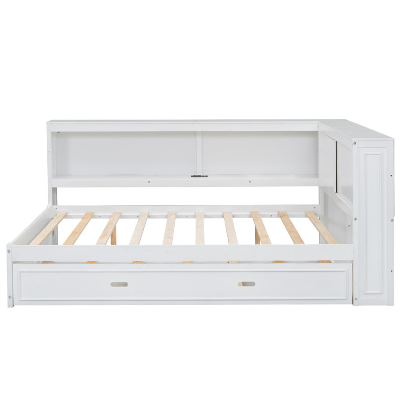Full Size Wood Daybed With Storage Shelves, USB, LED, And Trundle, White, White
