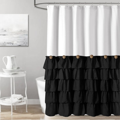 Fabric Shower Curtain with 12 Hooks - 72X72 inches, Ruffle Design for Bathroom Decor, Unique Button Detailing