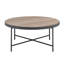 Table basse ronde à plateau en bois avec structure en métal seulement, sans chaises.