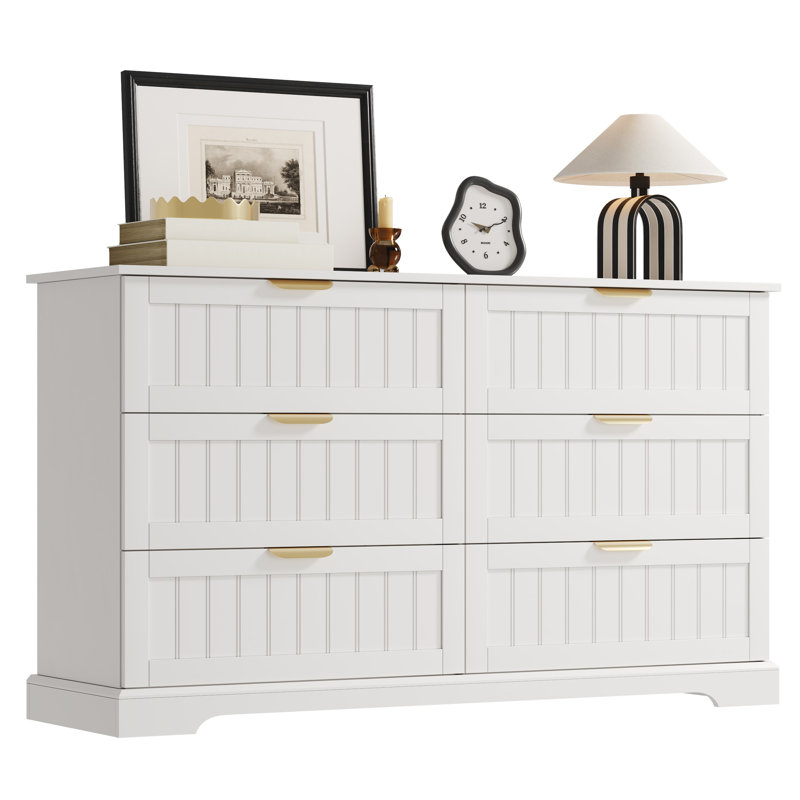 6 Drawers Dresser, 53.15"W Modern Chest of Drawers with Metal Handle, White